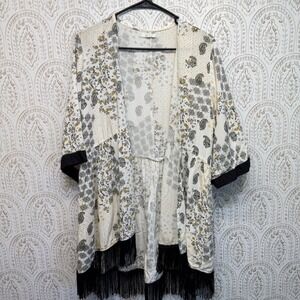 Lightweight Floral Fringe Kimono Cardigan - White/Black